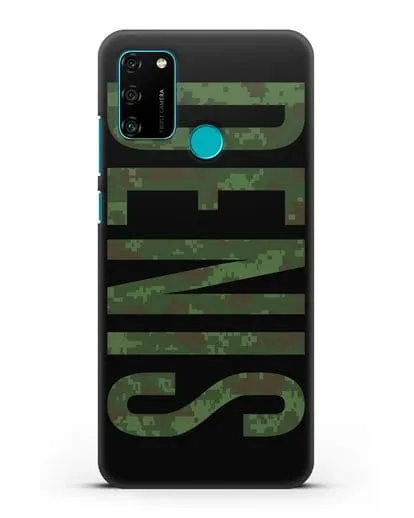 Чехол с именем, фамилией камуфляж зеленый пиксель силиконовый для Honor 9A