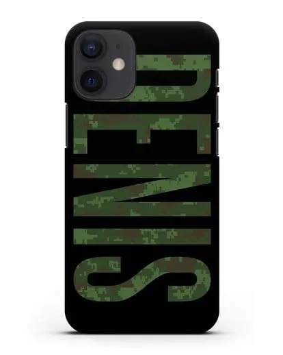 Чехол с именем, фамилией камуфляж зеленый пиксель силиконовый для iPhone 12 mini