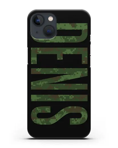 Чехол с именем, фамилией камуфляж зеленый пиксель силиконовый для iPhone 13