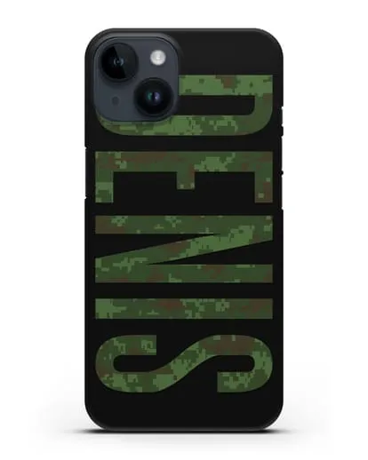 Чехол с именем, фамилией камуфляж зеленый пиксель силиконовый для iPhone 14