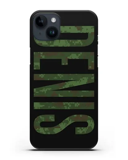 Чехол с именем, фамилией камуфляж зеленый пиксель силиконовый для iPhone 14 Plus