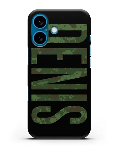 Чехол с именем, фамилией камуфляж зеленый пиксель силиконовый для iPhone 16