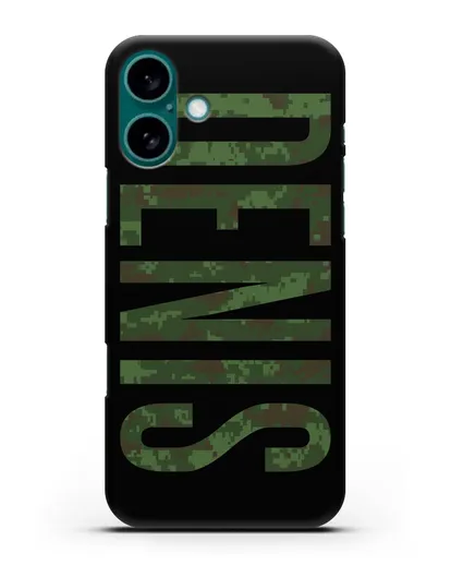 Чехол с именем, фамилией камуфляж зеленый пиксель силиконовый для iPhone 16 Plus