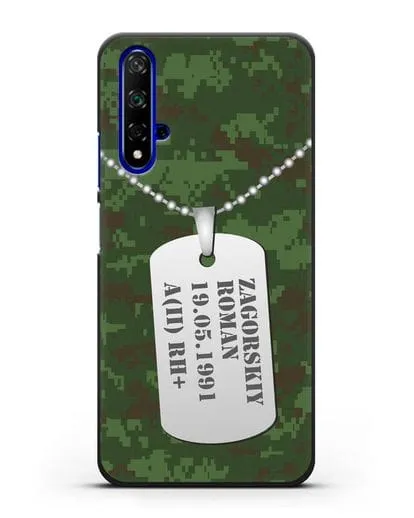 Чехол Армейский жетон с фамилией, датой рождения и группой крови, камуфляж зеленый пиксель силиконовый для Honor 20