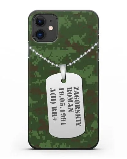 Чехол Армейский жетон с фамилией, датой рождения и группой крови, камуфляж зеленый пиксель силиконовый для iPhone 11