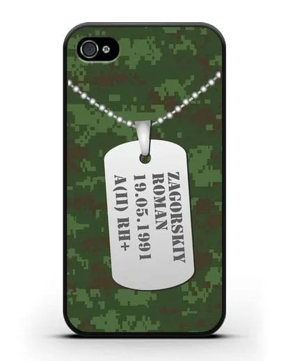 Чехол Армейский жетон с фамилией, датой рождения и группой крови, камуфляж зеленый пиксель силиконовый для iPhone 4/4s