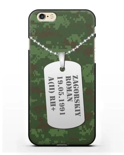 Чехол Армейский жетон с фамилией, датой рождения и группой крови, камуфляж зеленый пиксель силиконовый для iPhone 6