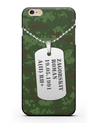 Чехол Армейский жетон с фамилией, датой рождения и группой крови, камуфляж зеленый пиксель силиконовый для iPhone 6 Plus