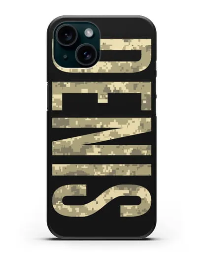 Чехол с именем, фамилией камуфляж песчаный пиксель силиконовый для iPhone 15