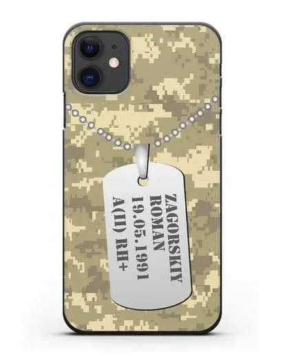 Чехол Армейский жетон с фамилией, датой рождения и группой крови, камуфляж песчаный пиксель силиконовый для iPhone 11