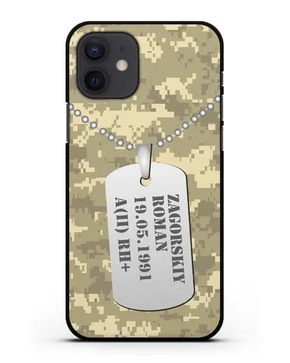 Чехол Армейский жетон с фамилией, датой рождения и группой крови, камуфляж песчаный пиксель силиконовый для iPhone 12
