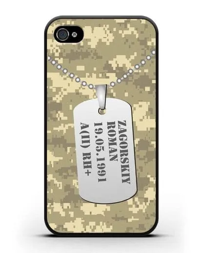 Чехол Армейский жетон с фамилией, датой рождения и группой крови, камуфляж песчаный пиксель силиконовый для iPhone 4/4s