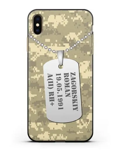 Чехол Армейский жетон с фамилией, датой рождения и группой крови, камуфляж песчаный пиксель силиконовый для iPhone XS Max