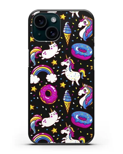 Чехол с дизайном Единороги, пончики, мороженое силиконовый для iPhone 15