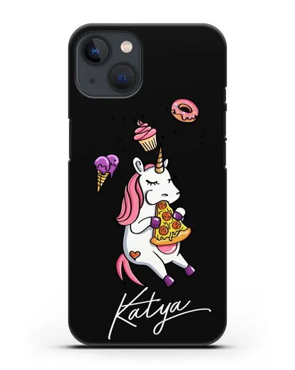 Именной чехол Единорог и пицца силиконовый для iPhone 13 Mini