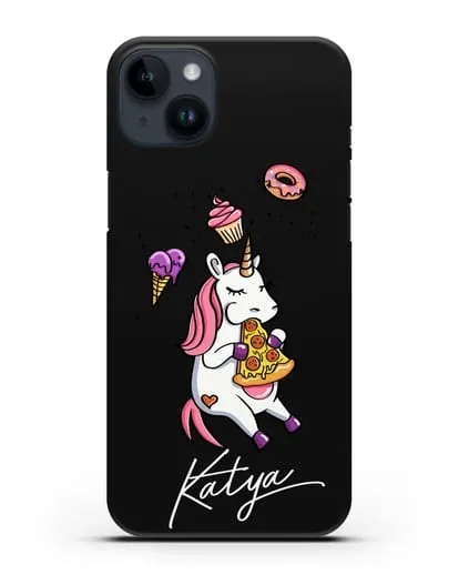 Именной чехол Единорог и пицца силиконовый для iPhone 14 Plus