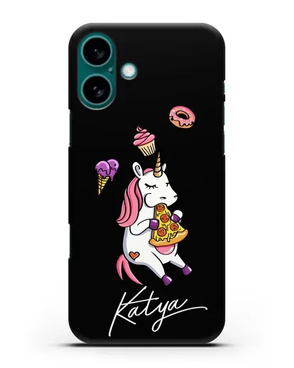 Именной чехол Единорог и пицца силиконовый для iPhone 16 Plus