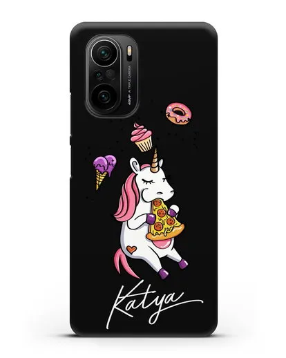 Именной чехол Единорог и пицца силиконовый для Xiaomi Poco F3