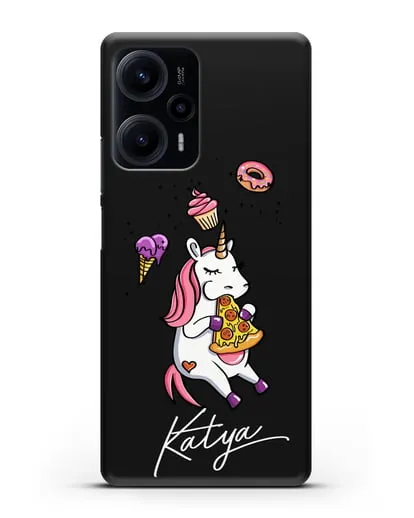 Именной чехол Единорог и пицца силиконовый для Xiaomi Poco F5