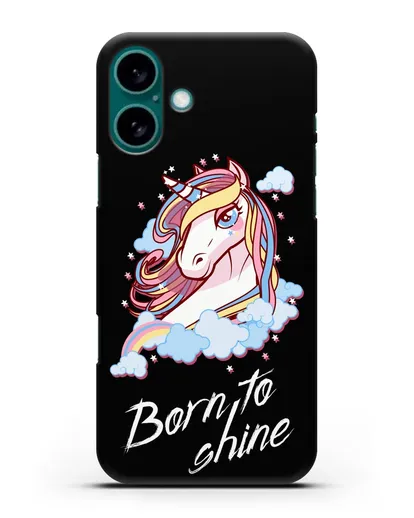 Чехол с рисунком единорога и надписью Born to shine силиконовый для iPhone 16 Plus