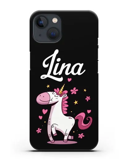 Именной чехол с улыбающимся единорогом силиконовый для iPhone 13