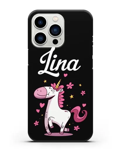 Именной чехол с улыбающимся единорогом силиконовый для iPhone 13 Pro