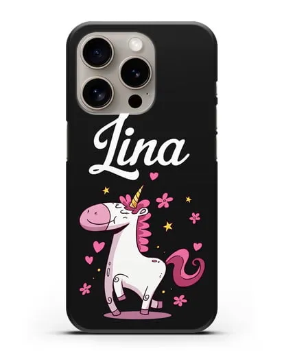 Именной чехол с улыбающимся единорогом силиконовый для iPhone 15 Pro