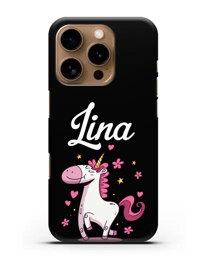 Именной чехол с улыбающимся единорогом силиконовый для iPhone 16 Pro