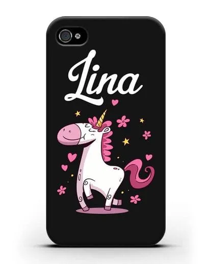 Именной чехол с улыбающимся единорогом силиконовый для iPhone 4/4s