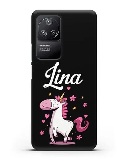 Именной чехол с улыбающимся единорогом силиконовый для Xiaomi Poco F4