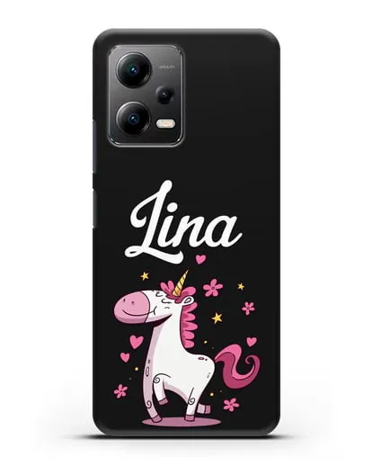 Именной чехол с улыбающимся единорогом силиконовый для Xiaomi Poco X5