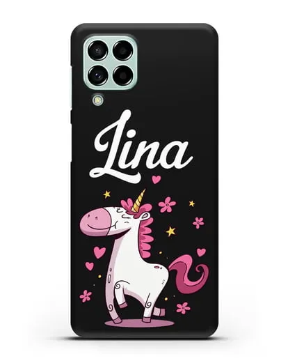 Именной чехол с улыбающимся единорогом силиконовый для Samsung Galaxy M53 [SM-M536]