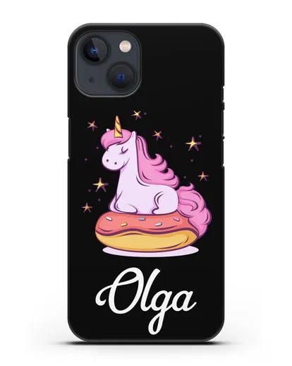 Именной чехол Единорог и пончик силиконовый для iPhone 13 Mini