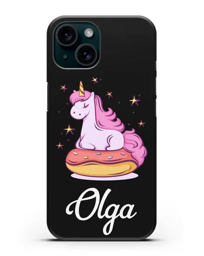 Именной чехол Единорог и пончик силиконовый для iPhone 15