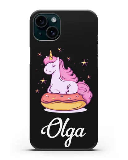Именной чехол Единорог и пончик силиконовый для iPhone 15 Plus