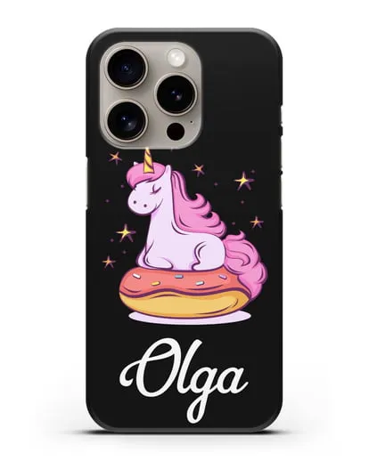 Именной чехол Единорог и пончик силиконовый для iPhone 15 Pro