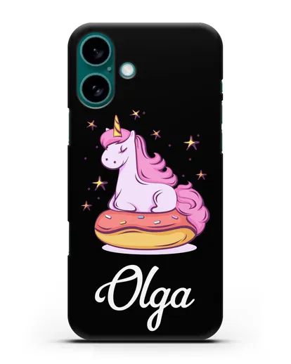 Именной чехол Единорог и пончик силиконовый для iPhone 16 Plus