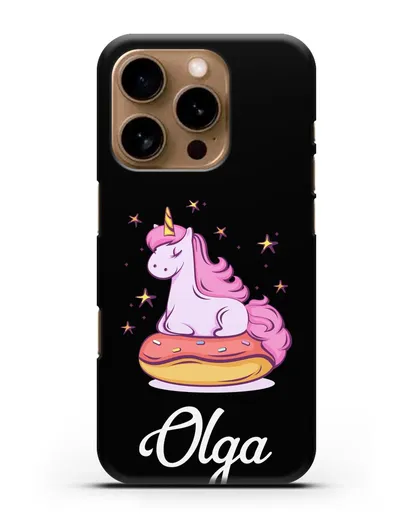 Именной чехол Единорог и пончик силиконовый для iPhone 16 Pro