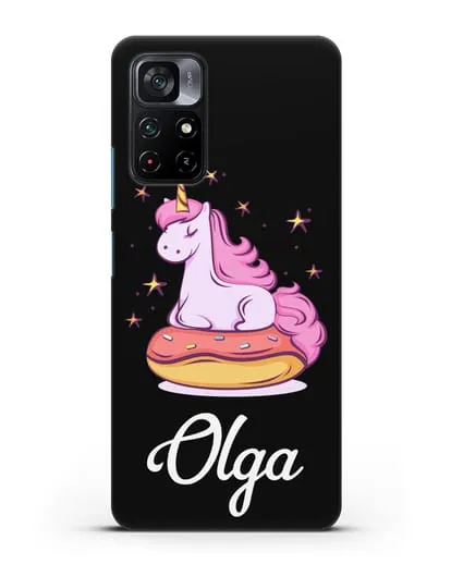 Именной чехол Единорог и пончик силиконовый для Xiaomi Poco M4 Pro 5G