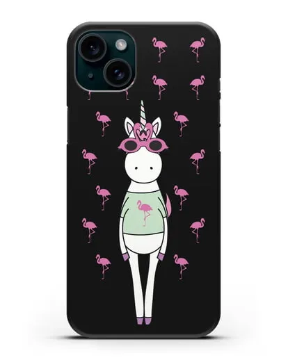 Чехол с иллюстрацией Единорог и фламинго силиконовый для iPhone 15 Plus