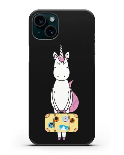 Чехол с дизайном Единорог с чемоданом для путешествий силиконовый для iPhone 15 Plus