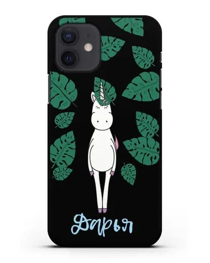 Именной чехол Единорог в тропиках силиконовый для iPhone 12