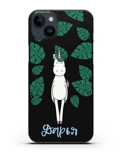 Именной чехол Единорог в тропиках силиконовый для iPhone 14 Plus