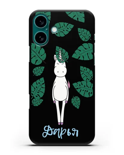 Именной чехол Единорог в тропиках силиконовый для iPhone 16 Plus