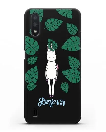 Именной чехол Единорог в тропиках силиконовый для Samsung Galaxy A01 [SM-A015F]