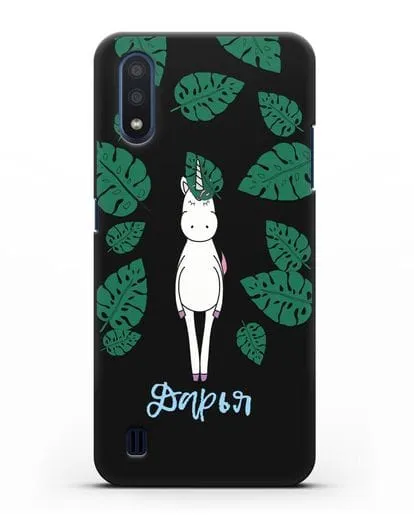 Именной чехол Единорог в тропиках силиконовый для Samsung Galaxy M01 [SM-M015F]
