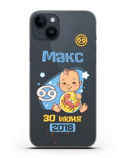 Именной чехол Знак зодиака Рак для мальчика силиконовый для iPhone 14 Plus