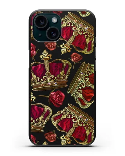 Чехол Золотые короны и красные розы силиконовый для iPhone 15