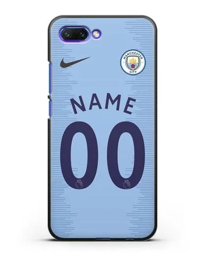 Именной чехол ФК Манчестер Сити с фамилией и номером (сезон 2018-2019) голубая форма силиконовый для Honor 10