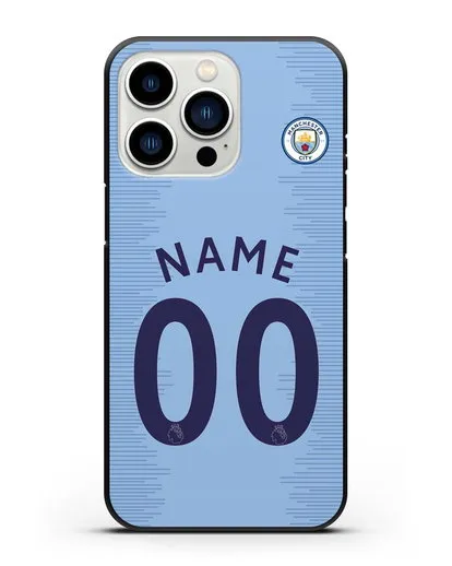 Именной чехол ФК Манчестер Сити с фамилией и номером (сезон 2018-2019) голубая форма силиконовый для iPhone 13 Pro
